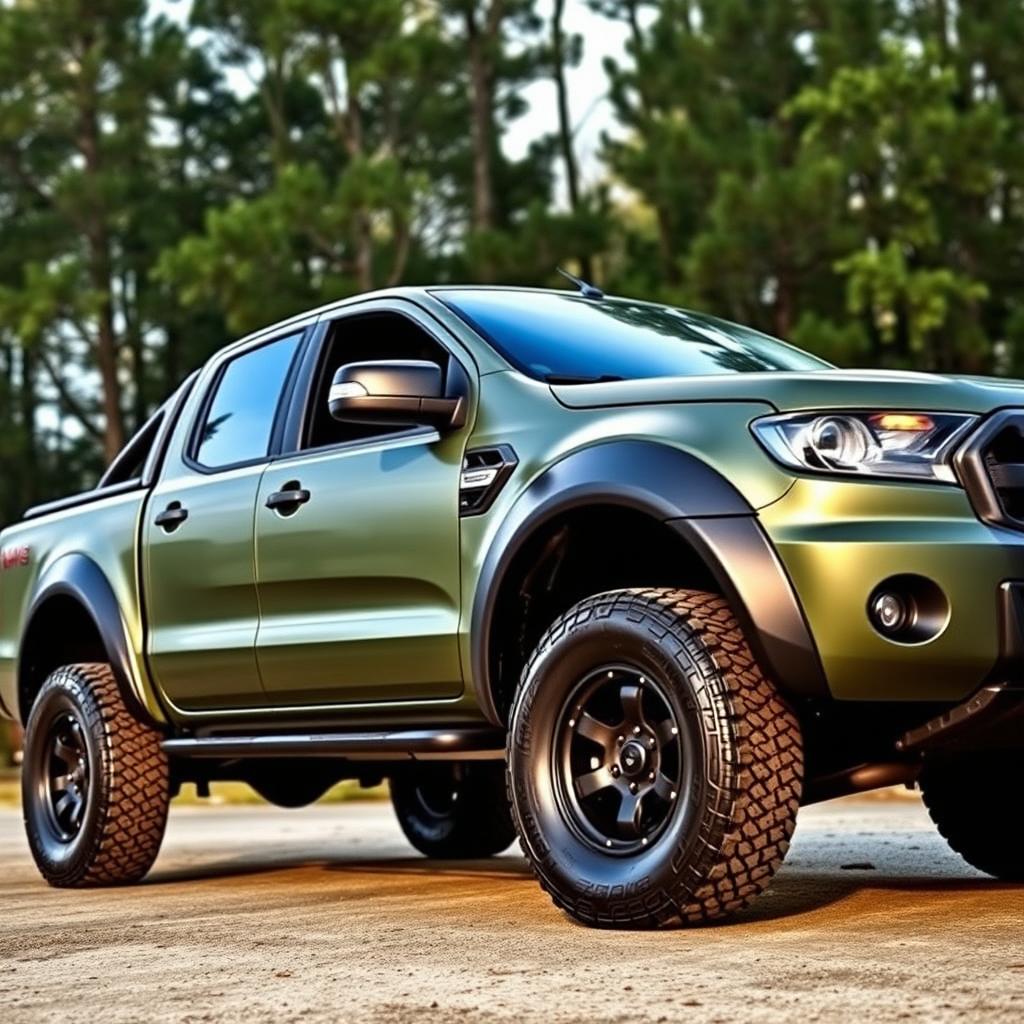 A rugged 2014 Ford Ranger in a military green matte finish, showcasing its tough and durable features