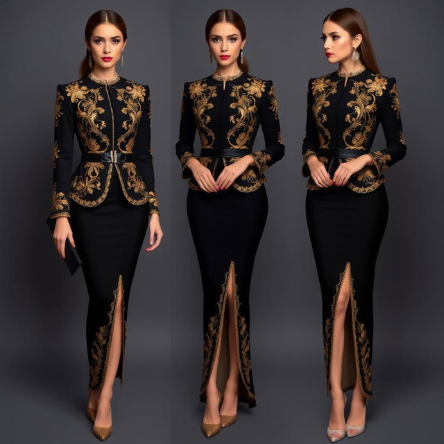 A stunning black ensemble with intricate gold embroidery, radiating elegance and sophistication