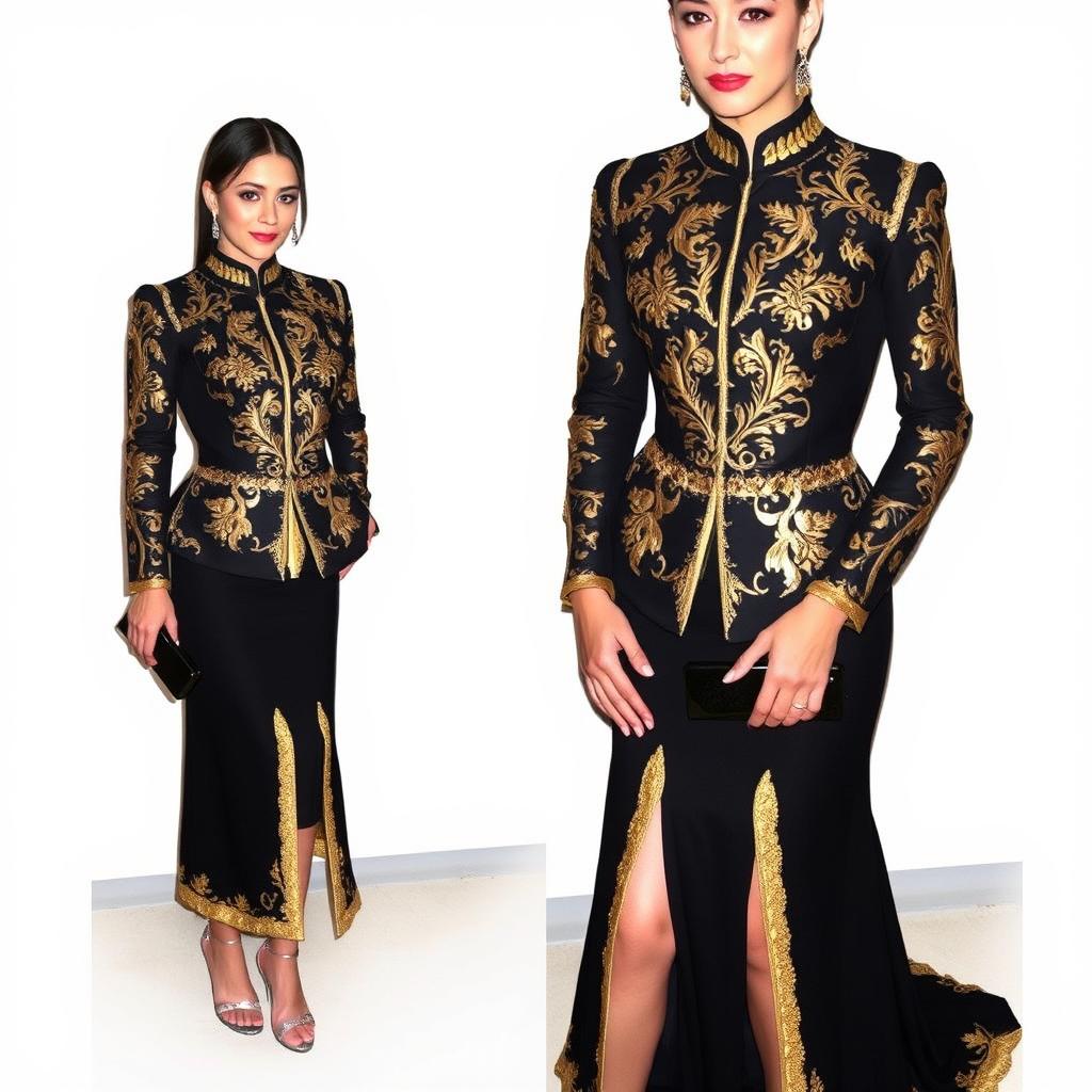 A stunning black ensemble with intricate gold embroidery, radiating elegance and sophistication
