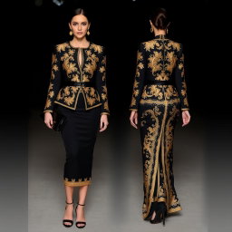 A stunning black ensemble with intricate gold embroidery, radiating elegance and sophistication