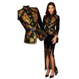 A stunning black ensemble with intricate gold embroidery, radiating elegance and sophistication