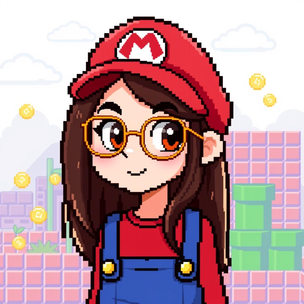 A pixelated illustration featuring a girl with long, dark brown hair and brown eyes wearing golden glasses