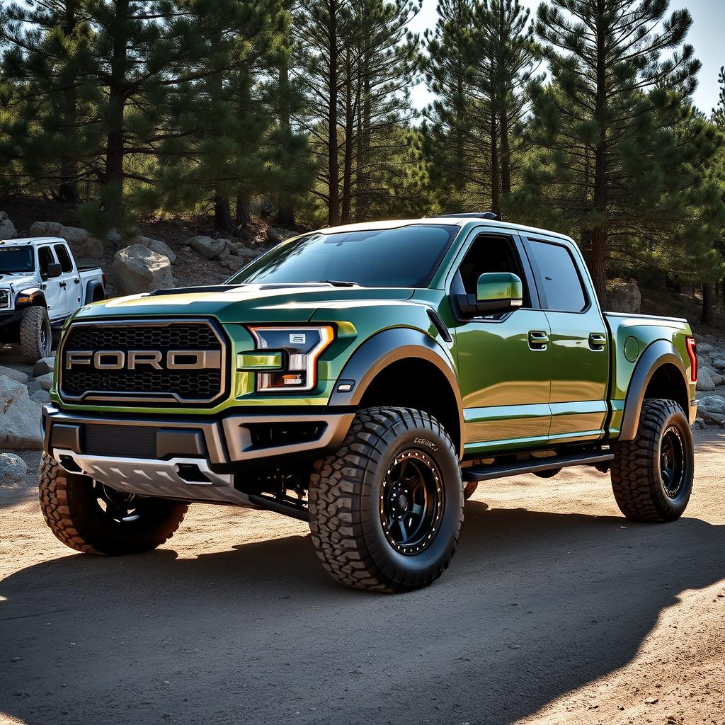 A fierce and powerful 2024 Raptor truck, showcasing a stunning brushed military green finish