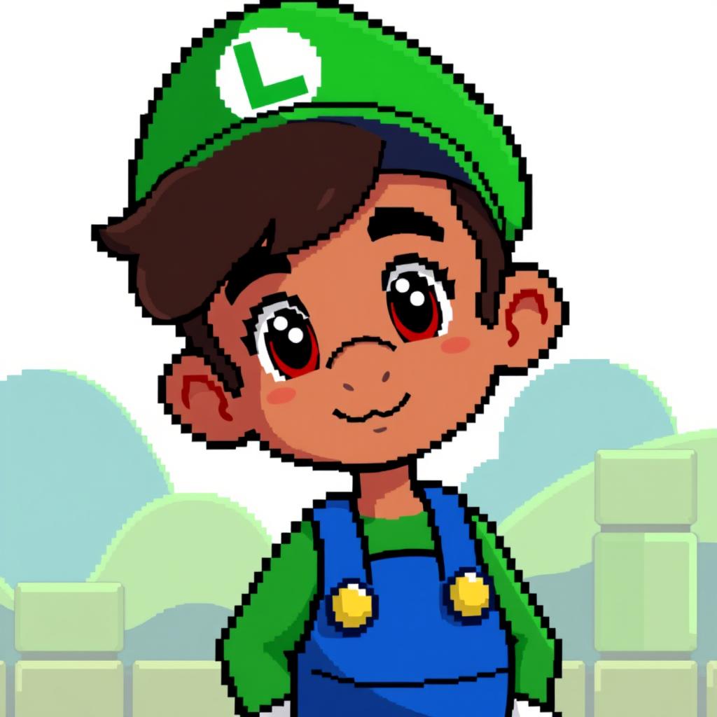 A pixelated style illustration inspired by Mario Bros featuring a young boy with dark brown skin, dark hair, and charming dark brown eyes reminiscent of Luigi