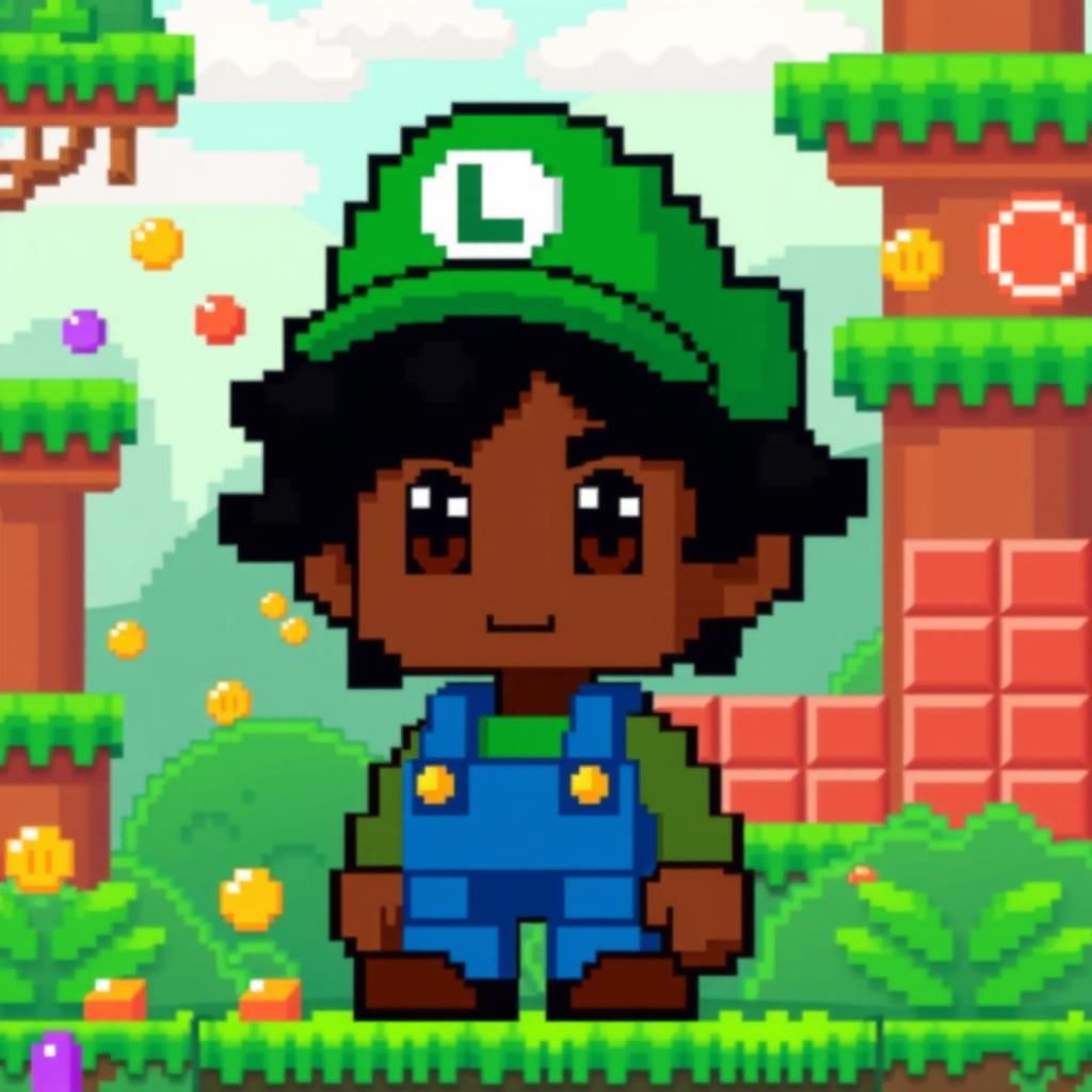 A pixelated character inspired by Mario Bros, featuring a boy with dark skin and black hair, resembling Luigi