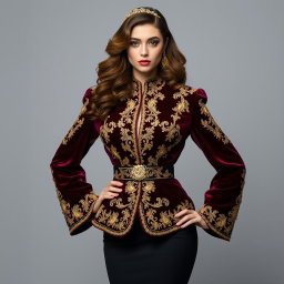 A regal and sophisticated deep burgundy velvet jacket adorned with intricate gold embroidery, exuding luxury and elegance