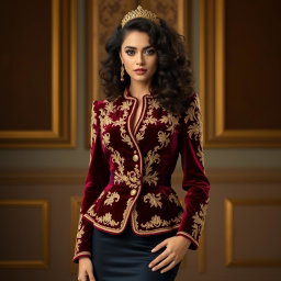 A regal and sophisticated deep burgundy velvet jacket adorned with intricate gold embroidery, exuding luxury and elegance