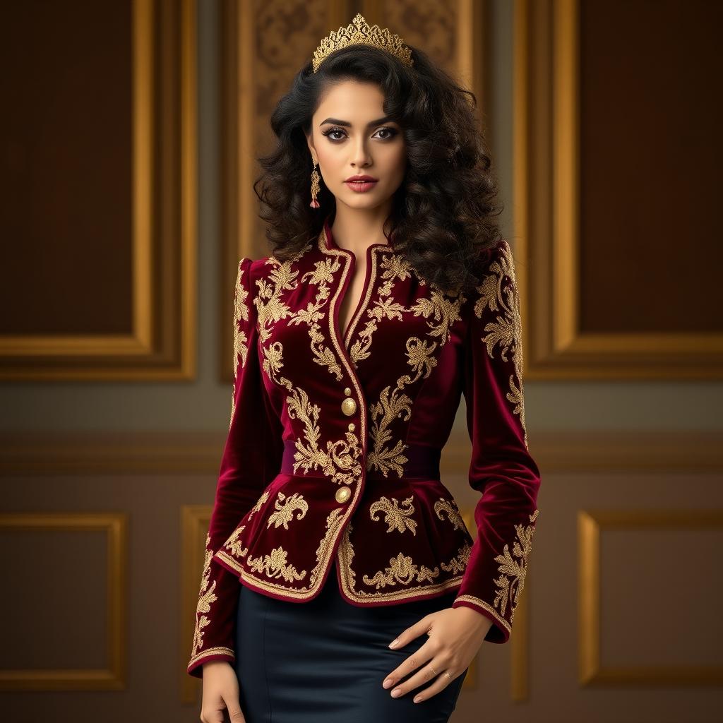 A regal and sophisticated deep burgundy velvet jacket adorned with intricate gold embroidery, exuding luxury and elegance