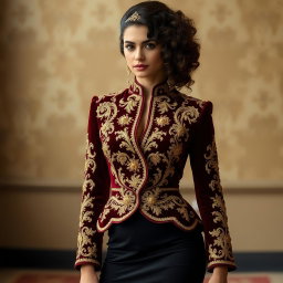 A regal and sophisticated deep burgundy velvet jacket adorned with intricate gold embroidery, exuding luxury and elegance
