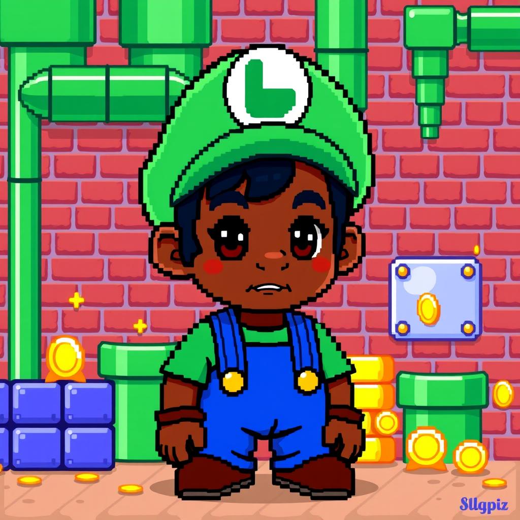 A pixelated scene inspired by Mario Bros featuring a young boy with dark skin, black hair, and dark brown eyes, dressed like Luigi
