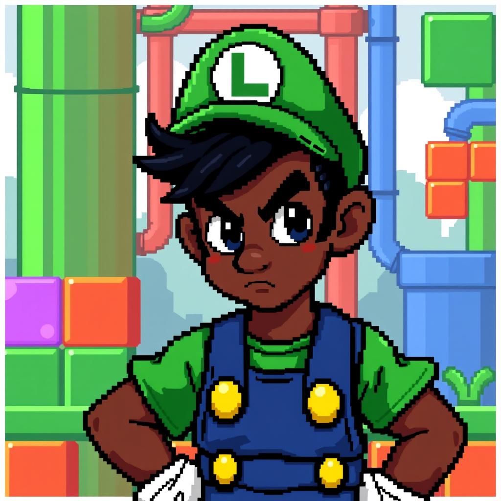 A pixel art scene featuring a boy with dark skin, black hair, and dark brown eyes, styled as Luigi from Mario Bros