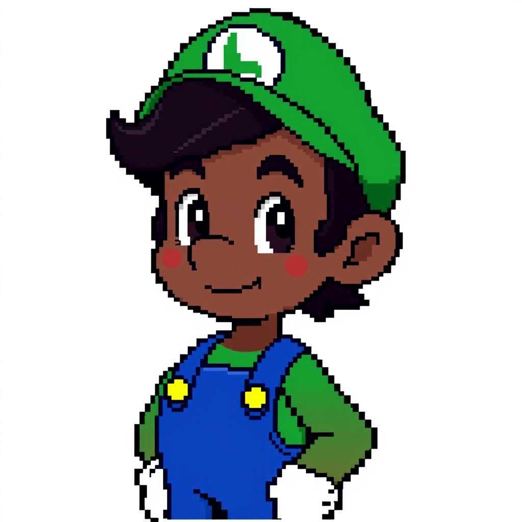 A pixel art character inspired by Mario Bros, depicting a boy with dark skin, black wavy hair, and dark brown eyes