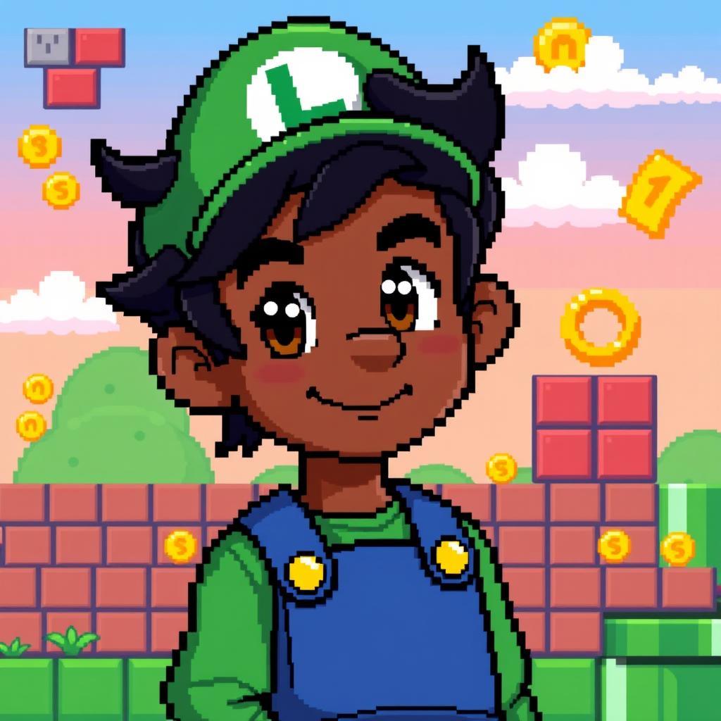 A pixel art image of a boy with dark skin, wavy black hair, and dark brown eyes, styled as Luigi from Mario Bros