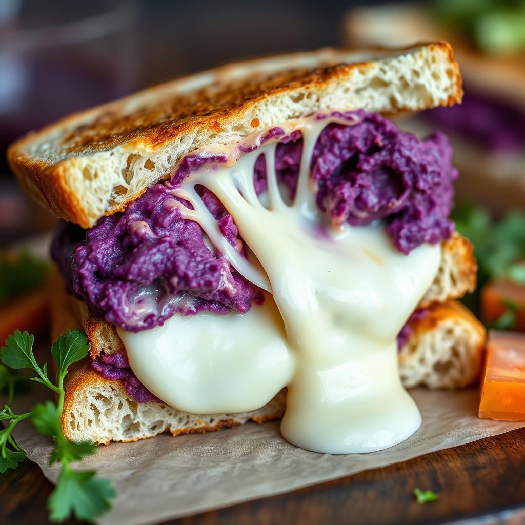 A delicious sandwich filled with vibrant purple sweet potato and melted mozzarella cheese
