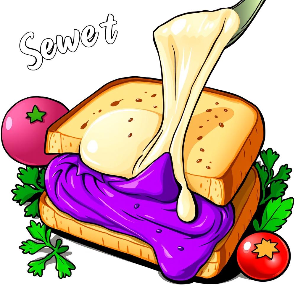 A graphic illustration of a delicious sandwich filled with vibrant purple sweet potato and gooey melted mozzarella cheese