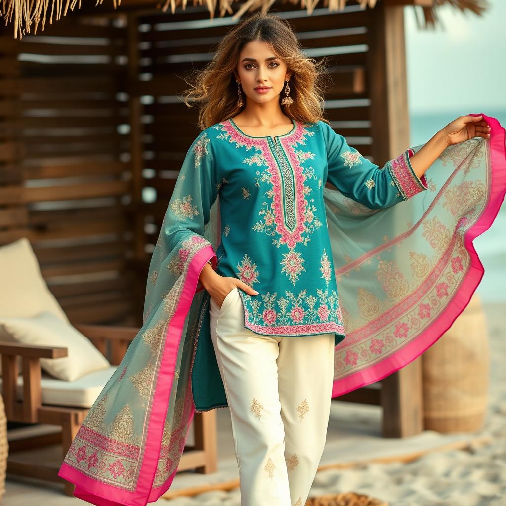 A mesmerizing seaside fashion moment featuring a rich teal embroidered tunic with intricate floral and geometric patterns, elegantly paired with ivory trousers showcasing delicate golden embellishments
