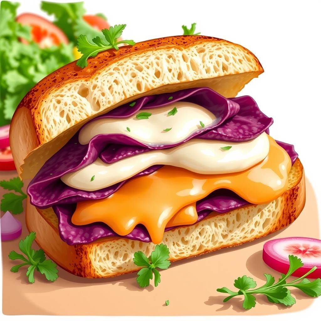 A graphic illustration of a scrumptious sandwich filled with colorful purple sweet potato and melty mozzarella cheese