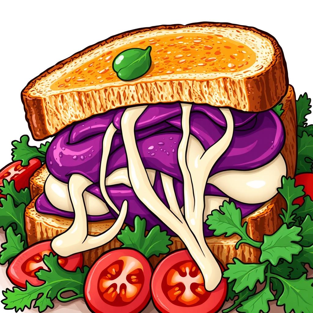 A colorful graphic illustration of a sandwich filled with rich purple sweet potato and strings of melted mozzarella cheese