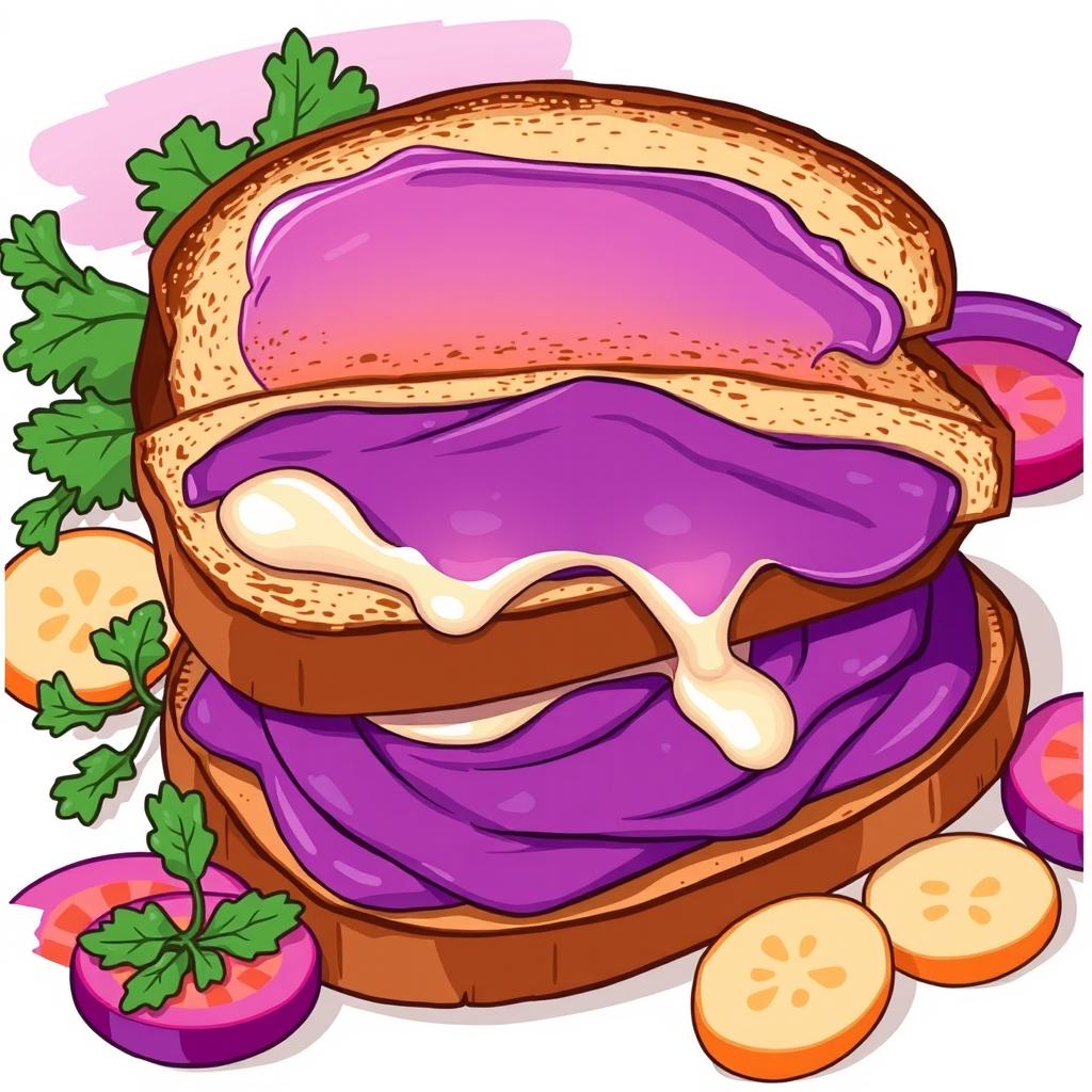 A graphic illustration of an appetizing sandwich filled with vibrant purple sweet potato and a subtle hint of melted mozzarella cheese