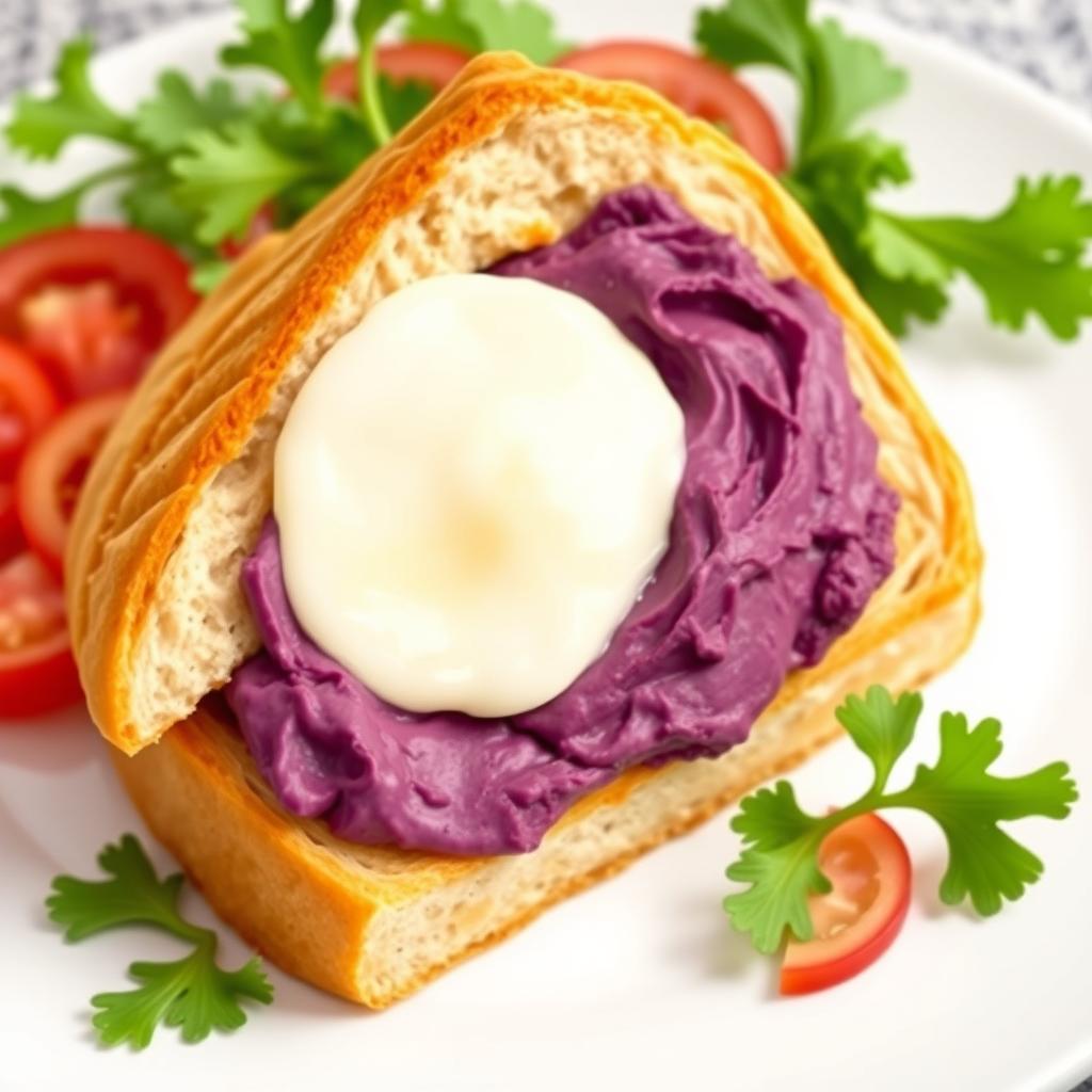A vibrant graphic illustration of a triangular cut sandwich filled with rich purple sweet potato and a subtle stretch of melted mozzarella cheese