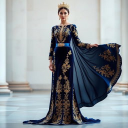A majestic deep blue velvet gown adorned with opulent gold embroidery, radiating royal elegance and timeless sophistication
