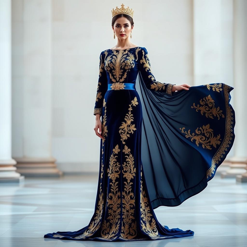 A majestic deep blue velvet gown adorned with opulent gold embroidery, radiating royal elegance and timeless sophistication
