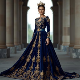A majestic deep blue velvet gown adorned with opulent gold embroidery, radiating royal elegance and timeless sophistication