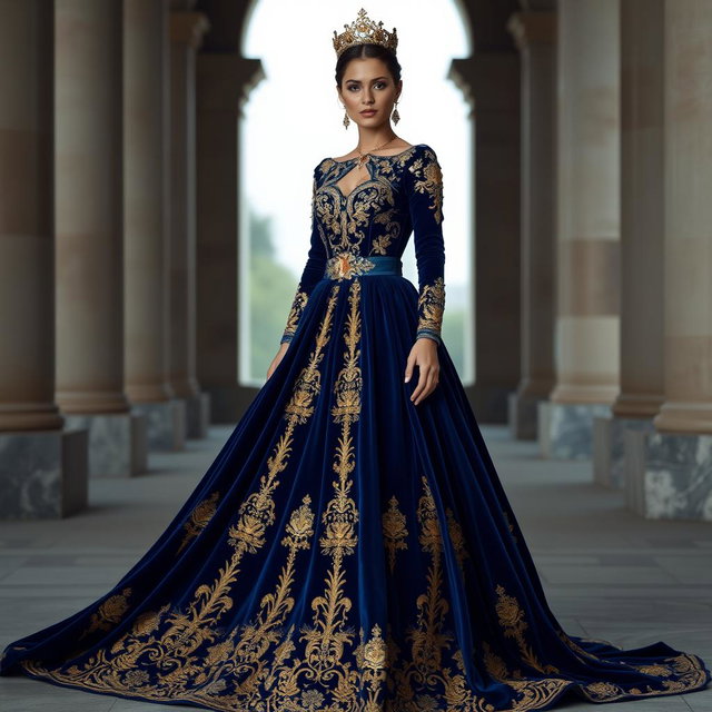 A majestic deep blue velvet gown adorned with opulent gold embroidery, radiating royal elegance and timeless sophistication
