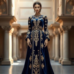 A majestic deep blue velvet gown adorned with opulent gold embroidery, radiating royal elegance and timeless sophistication
