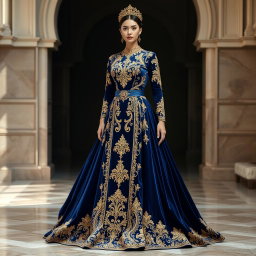 A majestic deep blue velvet gown adorned with opulent gold embroidery, radiating royal elegance and timeless sophistication