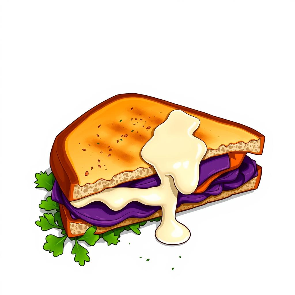 A visually striking graphic illustration of a triangular cut sandwich filled with luscious purple sweet potato and a gentle drizzle of melted mozzarella cheese