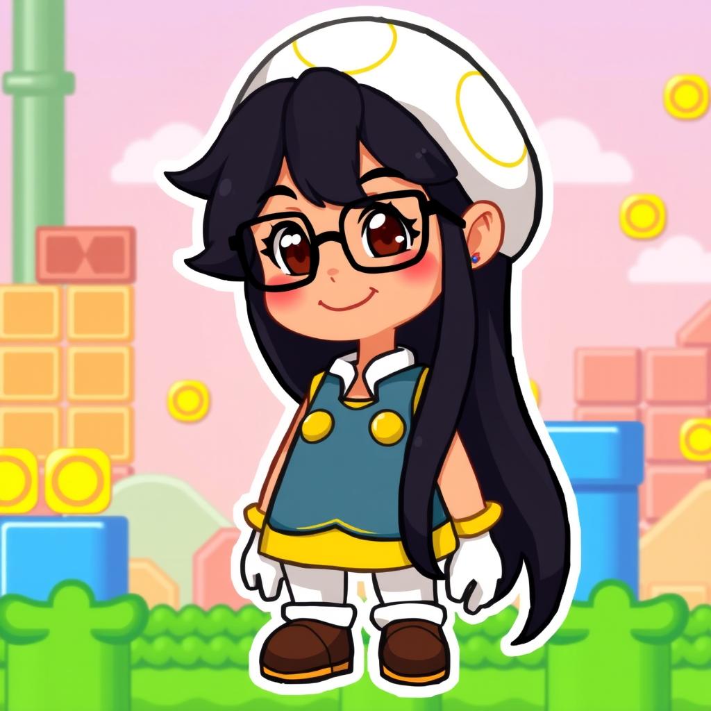 A character inspired by the Mario Bros theme, featuring a girl with light brown skin, long black hair, and dark brown eyes, wearing black-framed glasses