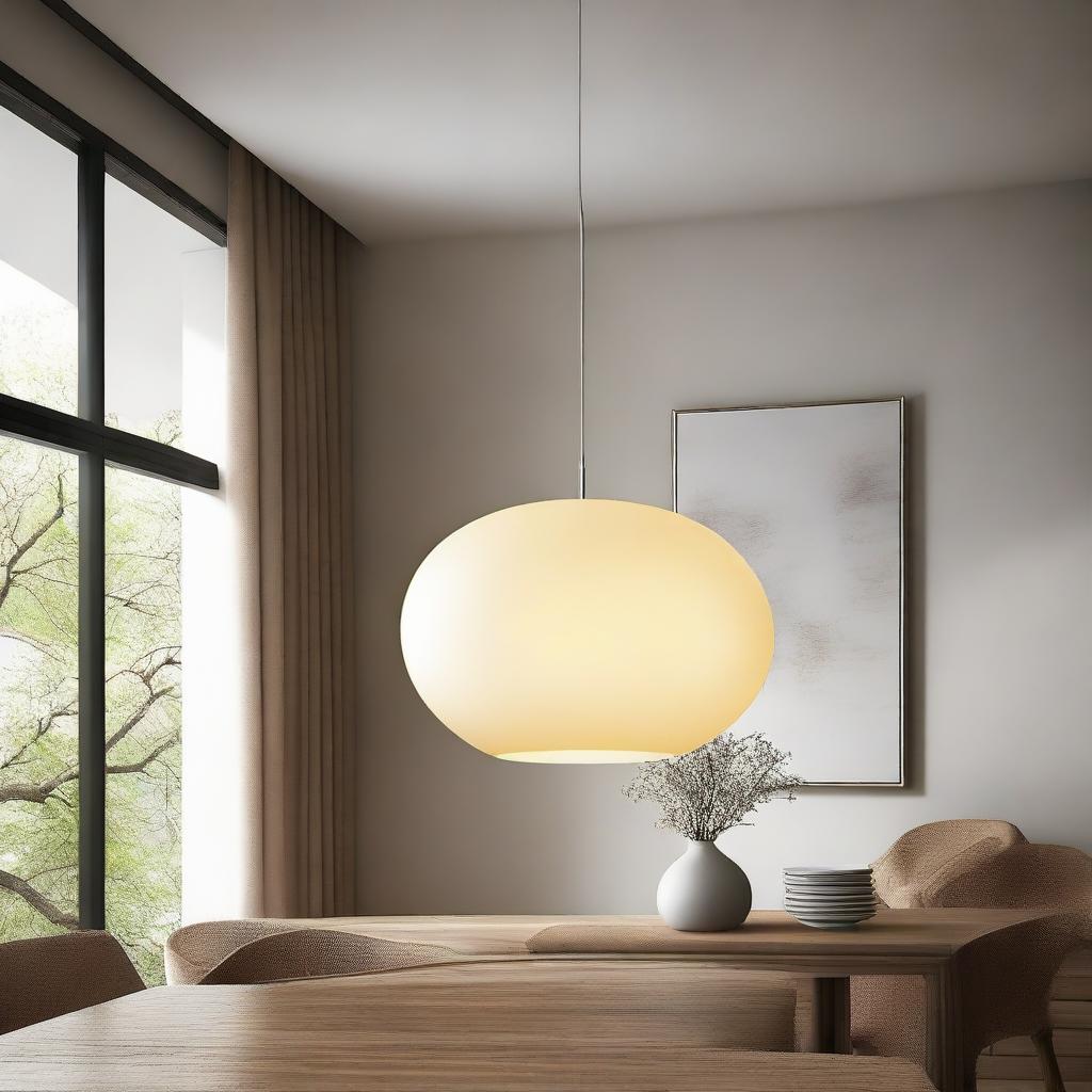 An elegant, glowing elipse-shaped pendant light suspended from a high ceiling, casting a warm, diffused illumination throughout the room.