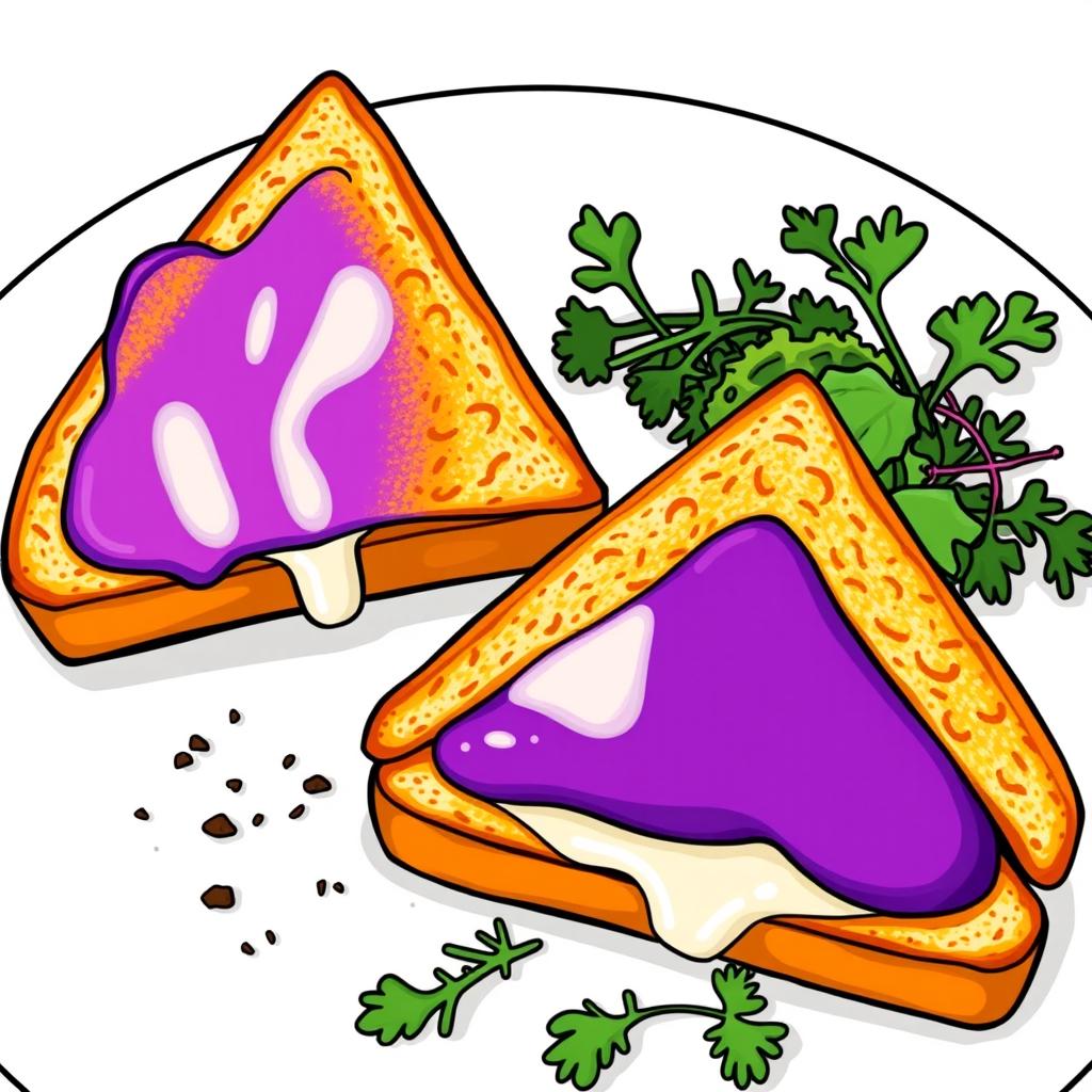 A delightful graphic illustration of two triangular cut sandwiches, each filled with vibrant purple sweet potato and a gentle drizzle of melted mozzarella cheese