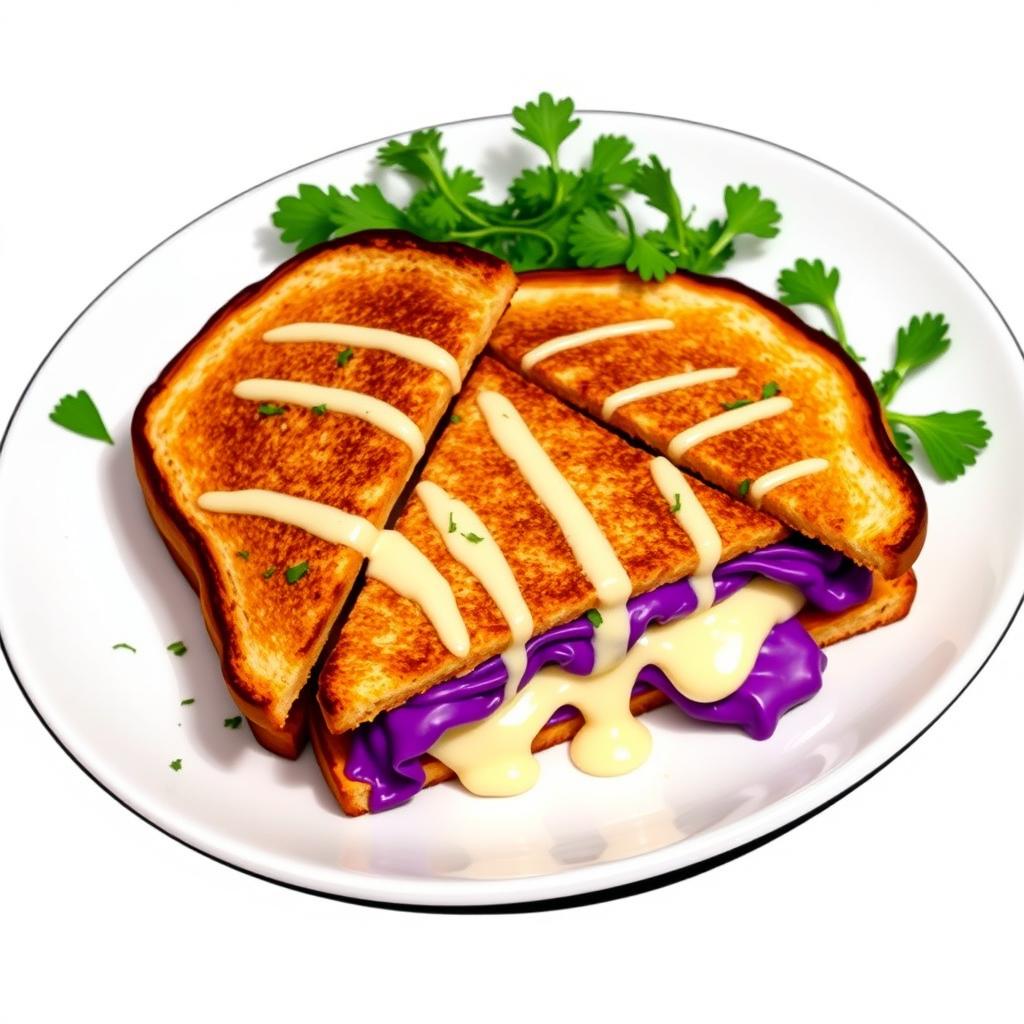 An enticing graphic illustration of two triangular cut sandwiches, each filled with vibrant purple sweet potato and drizzled with a touch of melted mozzarella cheese
