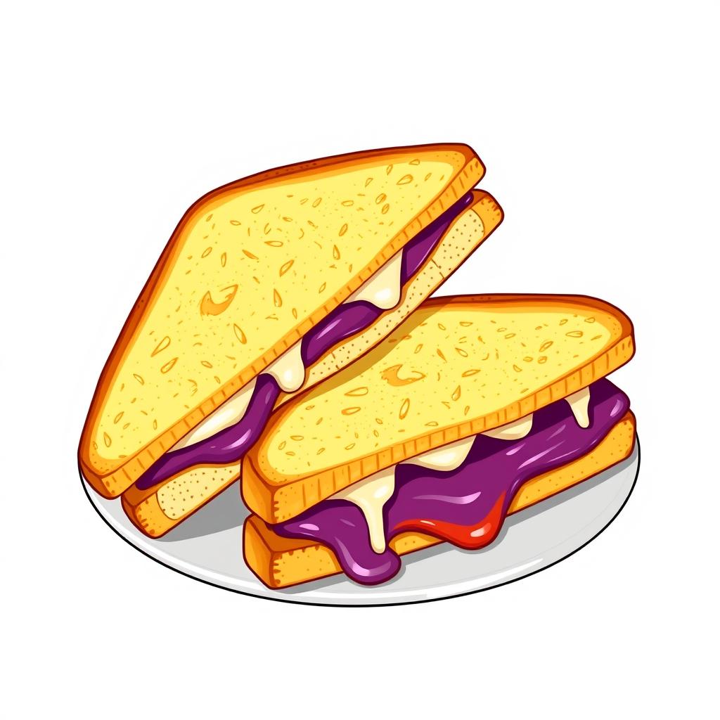 A captivating graphic illustration of two triangular cut sandwiches filled with vibrant purple sweet potato and a touch of melted mozzarella cheese, presented without a plate or background