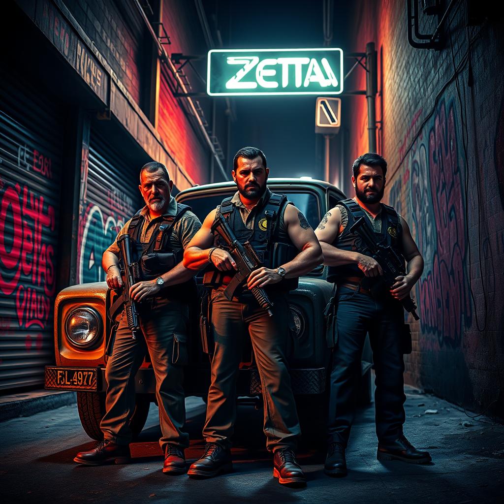 A highly detailed and realistic depiction of the Los Zetas, a notorious Mexican criminal organization