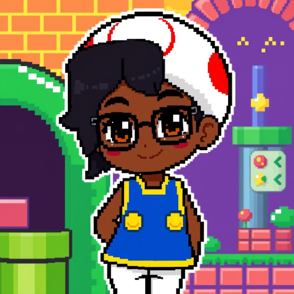 A pixelated image of a girl with dark brown skin, black hair, and dark brown eyes, wearing black-framed glasses