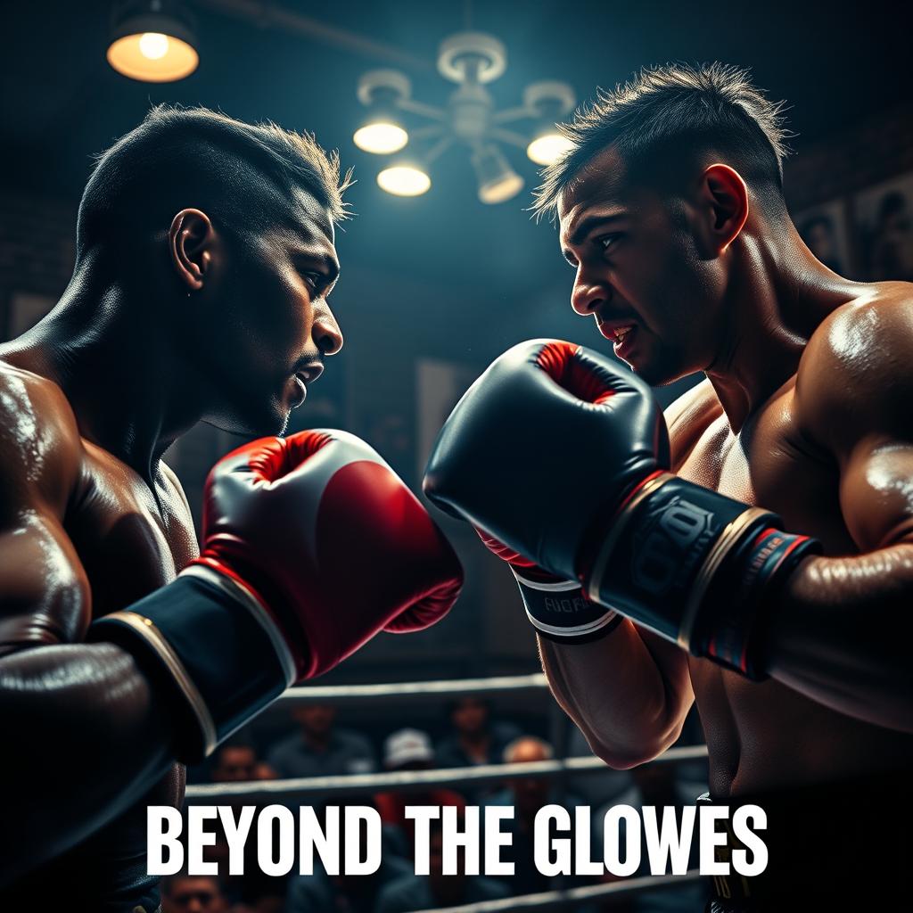A dramatic and intense scene featuring a boxing match taking place in a dimly lit gym, where two skilled fighters are locked in competition