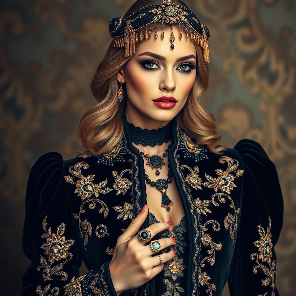 A luxurious black velvet ensemble adorned with exquisite gold and gemstone embroidery, exuding an aura of regal sophistication