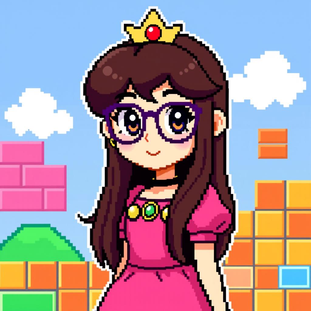 A pixel art style character inspired by the theme of Mario Bros, featuring a girl with long, dark brown hair, dark brown eyes, and wearing cute glasses
