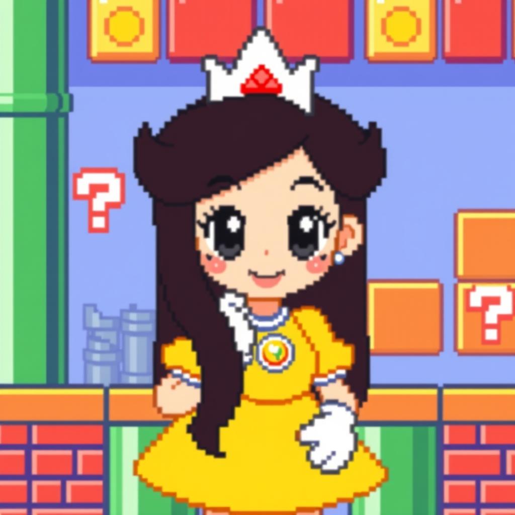 A pixel art style image of a cute girl resembling Princess Daisy from the Mario Bros franchise