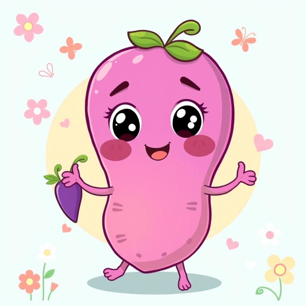 A charming and whimsical graphic illustration of a cute purple sweet potato character