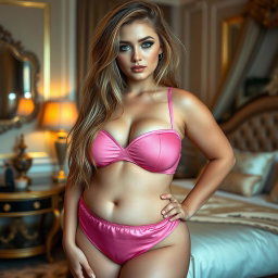 A stunning photographic image of an 18-year-old girl featuring a thin face and voluptuous figure, beautifully capturing sexy, sweet, and innocent qualities