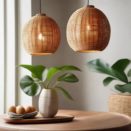 A beautifully handcrafted, glowing ellipse-shaped pendant light, made from woven rattan, creating a cozy atmosphere with its warm, ambient light.