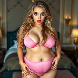 A captivating photographic image of an 18-year-old girl with a thin face and voluptuous curves, combining elements of sexy, sweet, and innocent with a devilishly seductive gaze