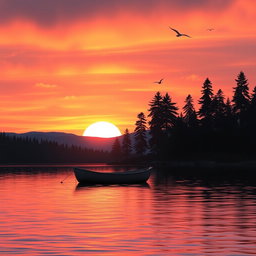 A scenic landscape featuring a vibrant sunset over a calm lake, with silhouettes of tall pine trees on the shores
