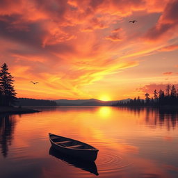 A scenic landscape featuring a vibrant sunset over a calm lake, with silhouettes of tall pine trees on the shores