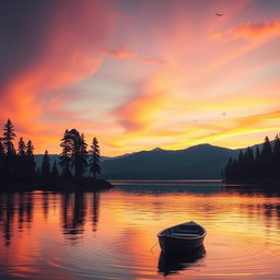 A scenic landscape featuring a vibrant sunset over a calm lake, with silhouettes of tall pine trees on the shores