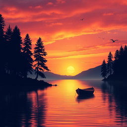 A scenic landscape featuring a vibrant sunset over a calm lake, with silhouettes of tall pine trees on the shores